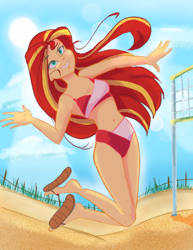 Size: 2550x3300 | Tagged: safe, artist:pettypop, character:sunset shimmer, species:human, beach, belly button, breasts, cleavage, clothing, humanized, midriff, sandals, shoe dangling, sports, swimsuit, two piece swimsuit, volleyball