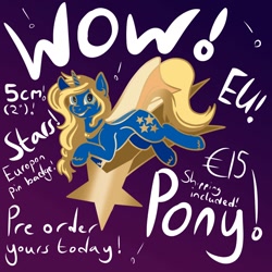 Size: 1500x1500 | Tagged: safe, artist:banoodle, oc, oc:nebula, species:pony, species:unicorn, cape, clothing, con mascot, convention mascot, enamel pin, europe, europon, female, horn, mare, pin, pin badge, preorder, shooting star, smiling, smiling at you, stars, unicorn oc