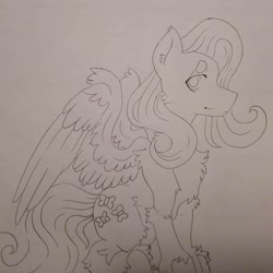Size: 1080x1080 | Tagged: safe, artist:c_owokie, character:fluttershy, species:pegasus, species:pony, chest fluff, female, fluffy, lineart, mare, smiling, solo, traditional art, unshorn fetlocks