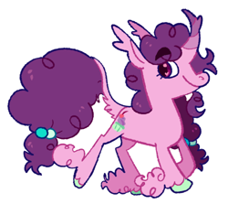 Size: 500x446 | Tagged: safe, artist:goatpaste, character:sugar belle, curved horn, ear fluff, eyebrows, eyebrows visible through hair, female, hoof fluff, horn, leonine tail, long feather, solo, unshorn fetlocks, wingding eyes