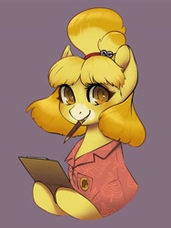 Size: 2963x3945 | Tagged: safe, artist:taytinabelle, species:earth pony, species:pony, animal crossing, animal crossing: new horizons, bow, clipboard, clothing, crossover, cute, fanart, female, hair bow, happy, isabelle, looking at you, mare, mouth hold, pencil, ponified, shirt, simple background, smiling, smiling at you, solo