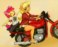 Size: 2090x1702 | Tagged: safe, artist:mistleinn, character:apple bloom, character:applejack, species:anthro, species:earth pony, species:pony, blonde hair, breasts, clothing, duo, eyes closed, female, green eyes, motorcycle, pantyhose, pink hair, shorts, siblings, simple background, sisters, sweater