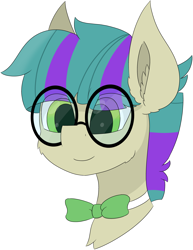 Size: 4193x5444 | Tagged: safe, artist:skylarpalette, oc, oc only, oc:bitty code, species:earth pony, species:pony, big ears, big glasses, bow tie, cheek fluff, commission, ear fluff, earth pony oc, glasses, green eyes, happy, male, simple background, simple shading, smiling, stallion, transparent background