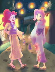 Size: 2550x3300 | Tagged: safe, artist:pettypop, character:fluttershy, character:pinkie pie, my little pony:equestria girls, clothing, feet, festival, geta, kimono (clothing), lantern, one eye closed, open mouth, sandals