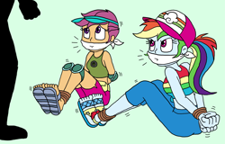 Size: 2729x1746 | Tagged: safe, artist:bugssonicx, character:rainbow dash, character:scootaloo, species:pegasus, species:pony, my little pony:equestria girls, alternate hairstyle, arm behind back, bondage, bound and gagged, bound wrists, cap, cloth gag, clothing, dashsub, feet, female, femsub, gag, hat, kidnapped, pants, peril, sandals, scootasub, shadow, submissive, tied hands, tied up