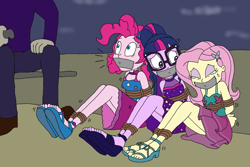 Size: 1778x1186 | Tagged: safe, artist:bugssonicx, character:fluttershy, character:pinkie pie, character:twilight sparkle, character:twilight sparkle (scitwi), species:eqg human, equestria girls:spring breakdown, g4, my little pony: equestria girls, my little pony:equestria girls, arm behind back, boat, bondage, bound and gagged, clothing, crying, dress, eyes closed, eyeshadow, female, femsub, fluttersub, gag, glasses, helpless, kidnapped, makeup, peril, pinkiesub, pirate, sandals, scared, skirt, sleeveless, submissive, tape, tape gag, tied hands, tied up, twisub
