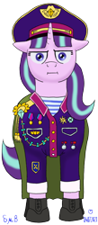 Size: 872x2000 | Tagged: safe, artist:soobel, character:starlight glimmer, species:pony, species:unicorn, newbie artist training grounds, :i, clothing, female, floppy ears, i mean i see, mare, medal, military uniform, s5 starlight, simple background, solo, soviet union, stalin glimmer, transparent background, unamused, uniform