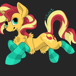 Size: 800x800 | Tagged: safe, artist:c_owokie, character:sunset shimmer, species:pony, species:unicorn, chest fluff, clothing, dark background, female, fluffy, mare, prone, socks, solo, striped socks