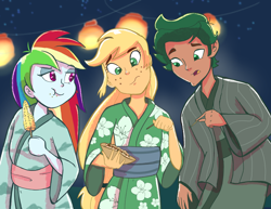 Size: 3300x2550 | Tagged: safe, artist:pettypop, character:applejack, character:rainbow dash, character:timber spruce, my little pony:equestria girls, clothing, corn, eating, food, kimono (clothing), lamp, open mouth, stick, takoyaki
