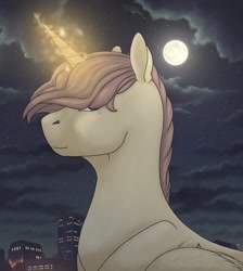 Size: 1080x1204 | Tagged: safe, artist:ash_helz, oc, oc only, species:alicorn, species:pony, alicorn oc, building, bust, cloud, full moon, glowing horn, horn, moon, night, solo, stars, wings