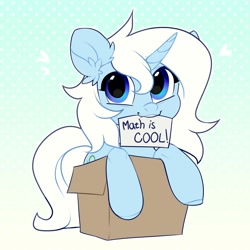 Size: 2000x2000 | Tagged: safe, artist:vensual99, oc, oc only, oc:eula phi, species:pony, species:unicorn, abstract background, box, cute, heart, mouth hold, pony in a box, solo, unpopular opinion
