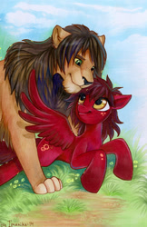 Size: 565x872 | Tagged: safe, artist:imanika, oc, oc only, species:pegasus, species:pony, big cat, commission, cutie mark, female, furry, lion, mare, traditional art, wings