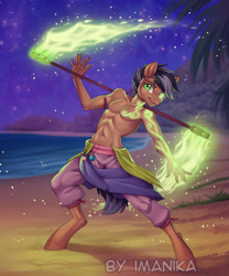 Size: 717x861 | Tagged: safe, alternate version, artist:imanika, oc, oc only, species:anthro, species:earth pony, species:pony, species:unguligrade anthro, beach, clothing, commission, digital art, fire, glow, looking at you, magic, male, ocean, pants, partial nudity, solo, topless, tree, ych result