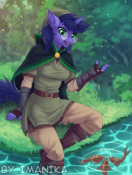 Size: 665x885 | Tagged: safe, artist:imanika, oc, oc only, species:anthro, species:pony, species:unicorn, boots, breasts, clothing, commission, digital art, feeding, female, fish, glasses, gloves, grass, hat, horn, river, shoes, solo, tail, water, ych result