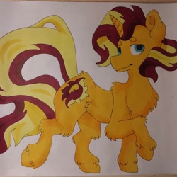 Size: 1080x1080 | Tagged: safe, artist:c_owokie, character:sunset shimmer, species:pony, species:unicorn, chest fluff, female, fluffy, mare, raised hoof, solo, traditional art, unshorn fetlocks