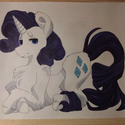 Size: 1080x1080 | Tagged: safe, artist:c_owokie, character:rarity, species:pony, species:unicorn, chest fluff, female, fluffy, prone, solo, traditional art, unshorn fetlocks