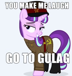 Size: 659x690 | Tagged: safe, artist:nuke928, artist:starlessnight22, edit, character:starlight glimmer, episode:the cutie map, g4, my little pony: friendship is magic, boots, caption, clothing, communism, female, gulag, hat, image macro, impact font, lidded eyes, meme, military, military uniform, ponified meme, red army, s5 starlight, shoes, simple background, smiling, solo, soviet union, stalin glimmer, text, this will end in gulag, transparent background, uniform, vector, vector edit