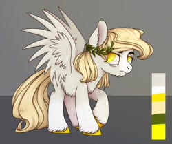 Size: 1080x902 | Tagged: safe, artist:ash_helz, oc, oc only, species:pegasus, species:pony, beard, chest fluff, colored hooves, facial hair, laurel wreath, male, pegasus oc, reference sheet, solo, stallion, unshorn fetlocks, wings