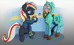 Size: 2295x1407 | Tagged: safe, artist:mistleinn, oc, oc only, oc:littlepip, oc:velvet remedy, species:pony, species:unicorn, fallout equestria, clothing, duo, duo female, fanfic, fanfic art, female, gas mask, glowing horn, hooves, horn, levitation, magic, mare, mask, pipbuck, radiation suit, sitting, standing, telekinesis, vault suit