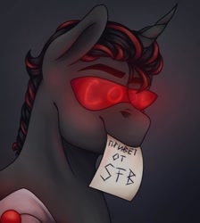 Size: 1080x1204 | Tagged: safe, artist:ash_helz, oc, oc only, species:pony, species:unicorn, bust, cyrillic, glow, horn, mouth hold, russian, solo, sunglasses, text, unicorn oc