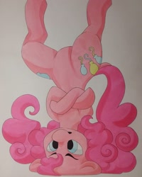 Size: 1080x1350 | Tagged: safe, artist:c_owokie, character:pinkie pie, species:earth pony, species:pony, balancing, both cutie marks, crossed arms, female, mare, solo, traditional art, upside down