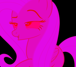 Size: 2186x1932 | Tagged: safe, artist:mellow91, edit, character:fluttershy, oc, oc:valentinia, black background, blank flank, flirting, glowing eyes, pink, possessed, raised eyebrow, seductive, seductive look, simple background