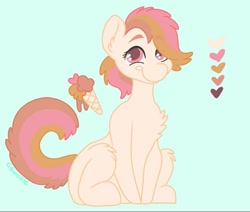 Size: 943x800 | Tagged: safe, artist:c_owokie, oc, species:earth pony, species:pony, blue background, chest fluff, earth pony oc, female, fluffy, food, heart, ice cream, ice cream cone, mare, reference sheet, simple background, sitting, smiling, solo