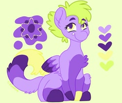 Size: 923x783 | Tagged: safe, artist:c_owokie, oc, oc only, species:pegasus, species:pony, chest fluff, fluffy, heart, pegasus oc, reference sheet, simple background, sitting, smiling, solo, wings, yellow background