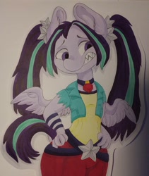 Size: 1080x1279 | Tagged: safe, artist:c_owokie, character:aria blaze, species:anthro, species:pegasus, species:pony, clothing, equestria girls ponified, female, jewelry, necklace, ponified, sharp teeth, solo, species swap, teeth, traditional art, wings