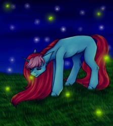 Size: 1080x1204 | Tagged: safe, artist:ash_helz, oc, oc only, species:pony, species:unicorn, eyes closed, firefly, grass, horn, insect, night, outdoors, solo, unicorn oc
