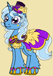 Size: 632x908 | Tagged: safe, artist:rosefang16, character:trixie, species:pony, species:unicorn, alternate hairstyle, alternate universe, clothing, dress, ear fluff, female, hat, hoof shoes, leg fluff, mare, petitverse, simple background, solo, top hat, yellow background