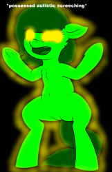 Size: 1969x3046 | Tagged: safe, artist:mellow91, artist:smoldix, edit, oc, oc:filly anon, oc:the supreme being, angry, anonymous, autism, autistic screeching, bipedal, black background, chest, chest fluff, descriptive noise, female, filly, fluffy, glowing eyes, meme, open mouth, possessed, screeching, simple background, solo, underhoof, yellow eyes