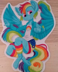 Size: 1080x1350 | Tagged: safe, artist:c_owokie, character:rainbow dash, species:anthro, species:pegasus, species:pony, species:unguligrade anthro, clothing, female, leg warmers, shorts, solo, traditional art, underhoof