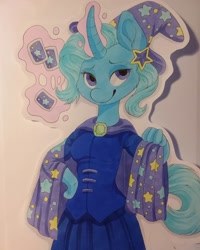 Size: 1080x1350 | Tagged: safe, artist:c_owokie, character:trixie, species:anthro, species:pony, species:unicorn, cape, card, clothing, curved horn, female, glowing horn, hat, horn, magic, smiling, solo, telekinesis, traditional art