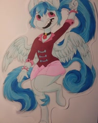 Size: 1080x1350 | Tagged: safe, artist:c_owokie, character:sonata dusk, species:anthro, species:pegasus, species:pony, species:unguligrade anthro, clothing, equestria girls ponified, female, jewelry, necklace, open mouth, ponified, sharp teeth, skirt, smiling, solo, species swap, spiked wristband, teeth, traditional art, wings, wristband
