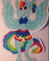 Size: 1080x1350 | Tagged: safe, artist:c_owokie, character:rainbow dash, species:anthro, species:pegasus, species:pony, species:unguligrade anthro, arm behind head, armpits, clothing, female, shorts, solo, spread wings, traditional art, wings