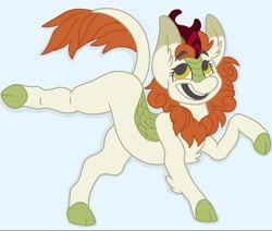 Size: 944x800 | Tagged: safe, artist:c_owokie, character:autumn blaze, species:kirin, cloven hooves, female, horn, leonine tail, looking up, open mouth, smiling, solo