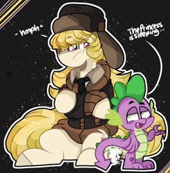 Size: 1970x2000 | Tagged: safe, artist:jxst-starly, character:march gustysnows, character:spike, species:dragon, species:earth pony, species:pony, episode:princess spike, g4, my little pony: friendship is magic, abstract background, clothing, coat, dialogue, hat