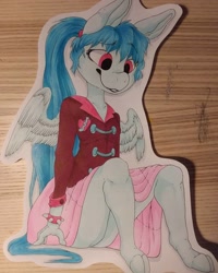 Size: 1080x1350 | Tagged: safe, artist:c_owokie, character:sonata dusk, species:anthro, species:pegasus, species:pony, species:unguligrade anthro, clothing, cloven hooves, equestria girls ponified, female, ponified, schrödinger's pantsu, sitting, skirt, smiling, species swap, spiked wristband, traditional art, upskirt, wristband