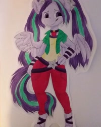 Size: 1080x1350 | Tagged: safe, artist:c_owokie, character:aria blaze, species:anthro, species:pegasus, species:pony, species:unguligrade anthro, bracelet, clothing, equestria girls ponified, female, hand on hip, jewelry, necklace, ponified, solo, species swap, traditional art, wings