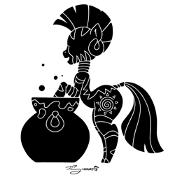 Size: 1479x1480 | Tagged: safe, artist:timmy_22222001, character:zecora, species:zebra, black and white, cauldron, decal, female, grayscale, monochrome, silhouette, simple background, solo, the ass was fat, white background