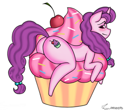 Size: 1204x1065 | Tagged: safe, artist:timmy_22222001, character:sugar belle, species:pony, species:unicorn, 2015, bad anatomy, blushing, butt, cherry, cupcake, female, food, plot, simple background, solo, wavy mouth, white background