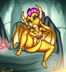 Size: 950x1034 | Tagged: safe, artist:timmy_22222001, character:smolder, species:dragon, belly button, cave, covering, female, older, older smolder, sitting, solo, tail covering