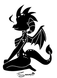 Size: 861x1185 | Tagged: safe, artist:timmy_22222001, character:princess ember, species:dragon, black and white, decal, female, grayscale, kneeling, monochrome, silhouette, simple background, solo, white background