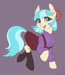 Size: 2590x3000 | Tagged: safe, artist:taytinabelle, character:coco pommel, species:earth pony, species:pony, g4, button-up shirt, clothing, cocobetes, cute, dock, ear fluff, female, hair accessory, happy, high res, looking at you, mare, open mouth, pleated skirt, raised hoof, simple background, skirt, smiling, socks, solo