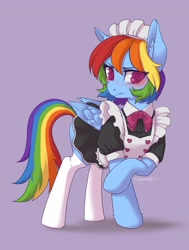Size: 2903x3836 | Tagged: safe, artist:taytinabelle, character:rainbow dash, species:pegasus, species:pony, alternate hairstyle, apron, averted gaze, blushing, bow tie, button-up shirt, clothing, colored pupils, cute, dashabetes, dock, ear fluff, embarrassed, eye clipping through hair, female, high res, maid, maid headdress, mare, outfit, rainbow dash always dresses in style, rainbow maid, raised hoof, ruffles, simple background, socks, solo, stockings, thigh highs, tsunderainbow, tsundere, unshorn fetlocks
