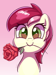 Size: 1500x2000 | Tagged: safe, artist:esfelt, character:roseluck, species:earth pony, species:pony, bust, cute, cuteluck, female, flower, gradient background, looking at you, mare, mouth hold, portrait, rose, smiling, solo