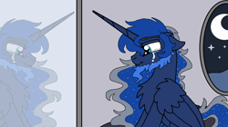 Size: 1360x763 | Tagged: safe, artist:rosefang16, character:princess luna, species:alicorn, species:pony, beard, chest fluff, crescent moon, crying, ear fluff, facial hair, fangs, happy, male, mirror, moon, night, prince artemis, reflection, rule 63, solo, stallion, tears of joy, trans male, transgender, wing fluff