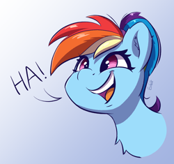 Size: 1162x1092 | Tagged: safe, artist:esfelt, character:rainbow dash, species:pegasus, species:pony, alternate hairstyle, bust, chest fluff, cute, dashabetes, dialogue, ear fluff, female, happy, mare, open mouth, ponytail, portrait, solo