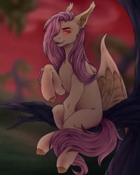 Size: 1080x1350 | Tagged: safe, artist:ash_helz, character:flutterbat, character:fluttershy, species:bat pony, species:pony, bat ponified, colored hooves, female, glowing eyes, mare, outdoors, perching, race swap, raised hoof, sitting, solo, tree